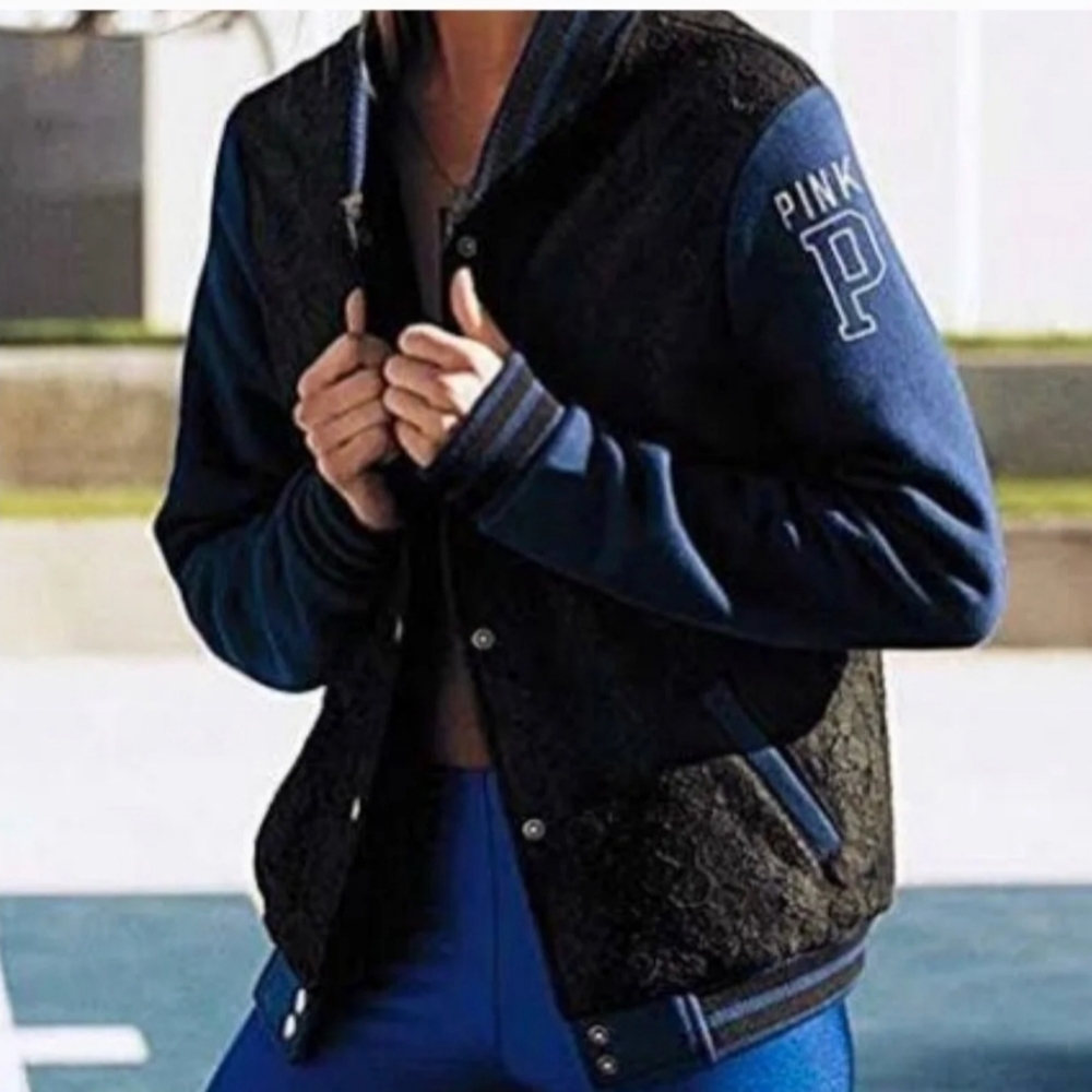 PINK VS Blue/Black Lace Varsity Jacket Small
